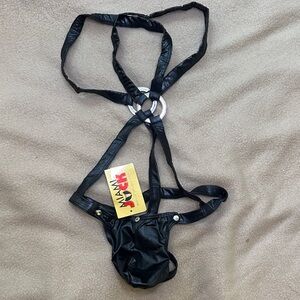 Miami Jock Black Leather Harness with Silver Rings - black